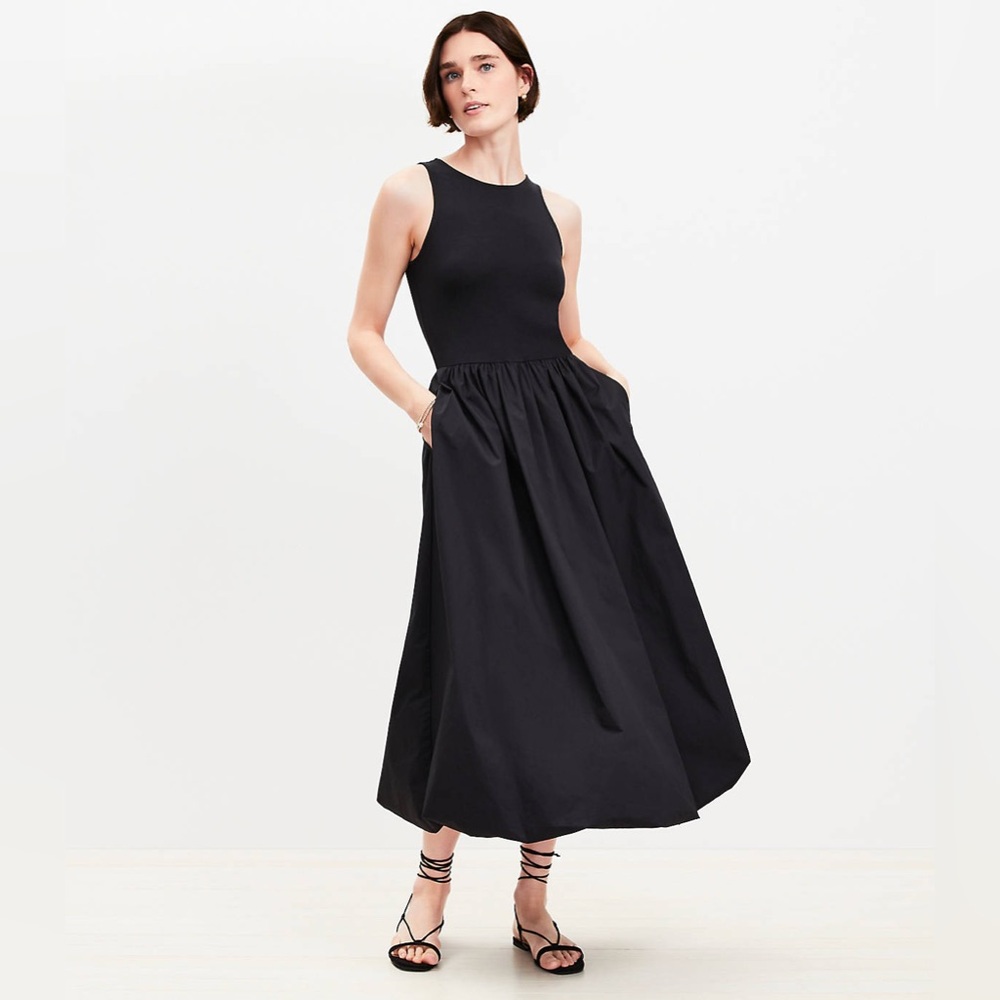 👉🏼NWT👈🏼 Loft $80 Versatile Poplin Mixed Media Midi Pocket Dress